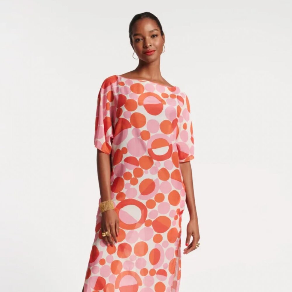 NWT  FRANCES VALENTINE MARGEUERITE XL MAXI PROSECCO PRINT SWIM COVERUP CAFTAN